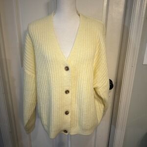 Mango Women's Ribbed Knit Buttoned Cardigan - Size XL Light Butter Yellow